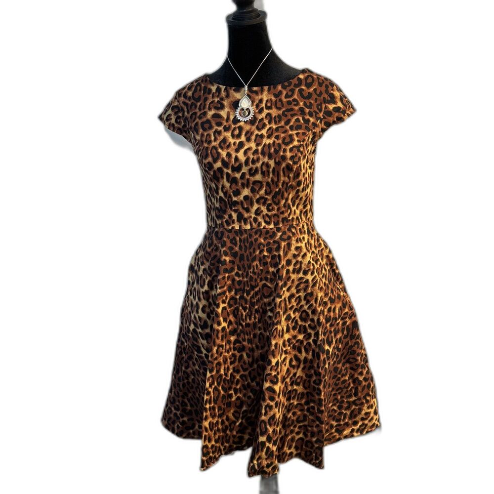 50s Retro Leopard Print Fit and Flare Midi Dress — Cinched Waist